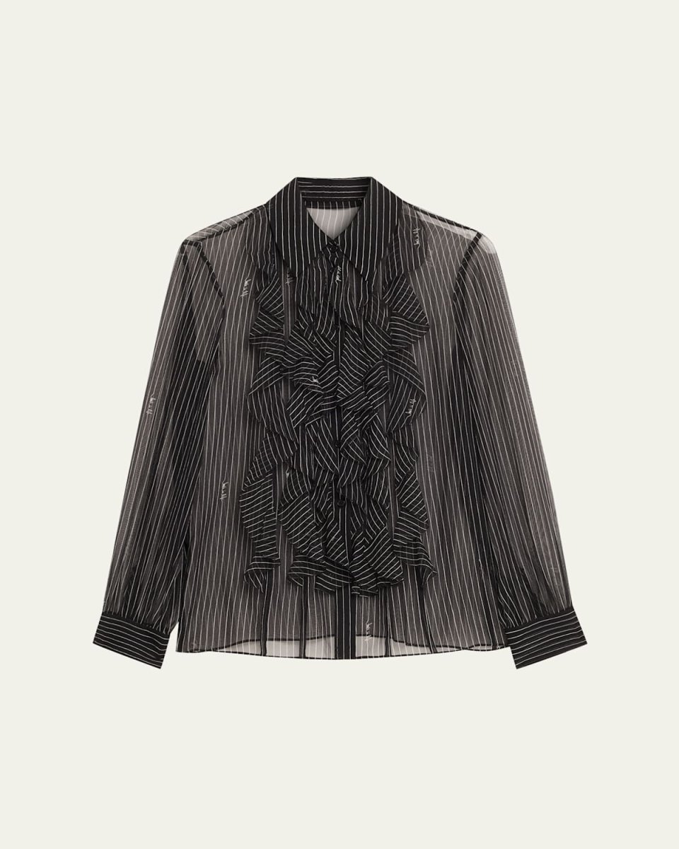 Eva Sheer Pinstripe Script Ruffle Blouse
